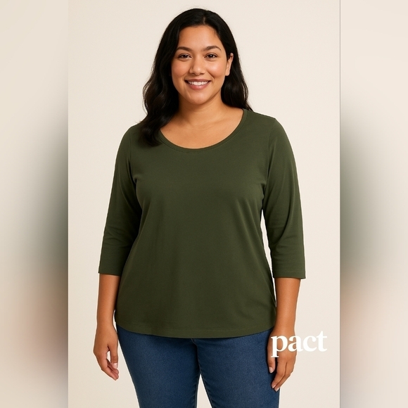 Pact Tops - PACT 3/4 SLEEVE SCOOP NECK ORGANIC COTTON TEE GREEN SZ XXL